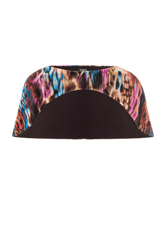 A multicolored mini cape with a mesh fabric, featuring a round neckline and a shoulder cover.
