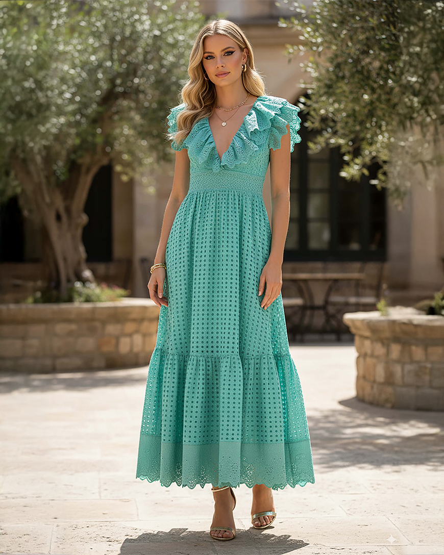 V-Neck Ruffle Midi Dress
