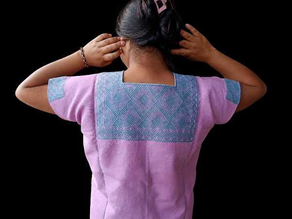 Rose Pink Square Blouse with Cement Green Brocade