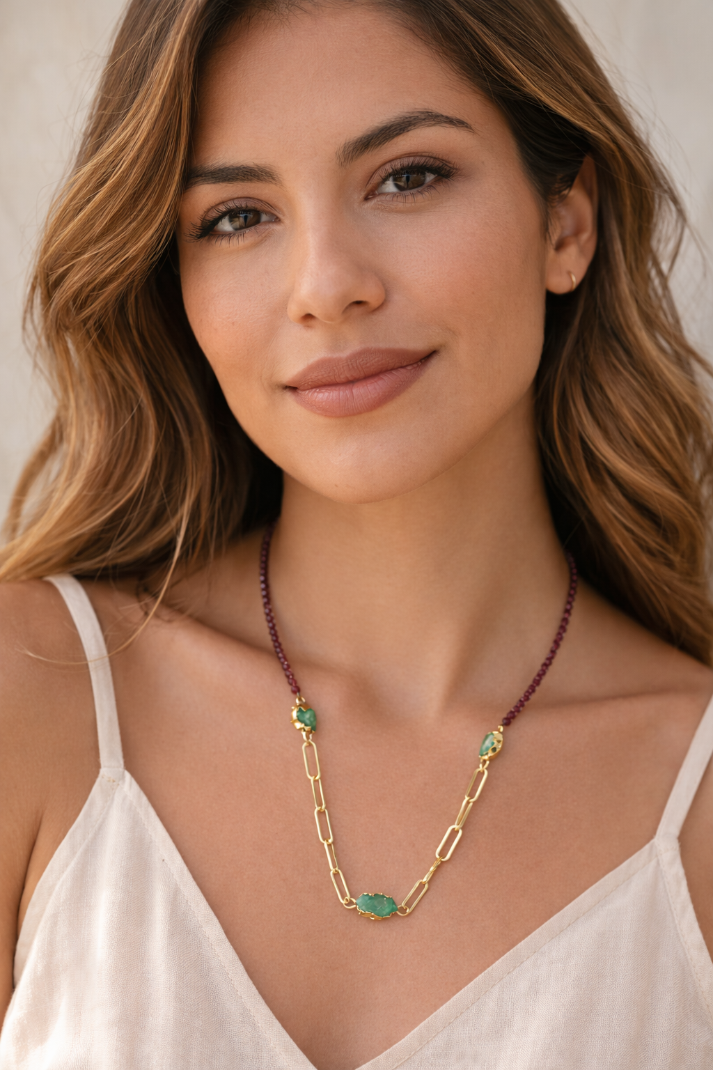 Garnet, Emerald And Link Necklace