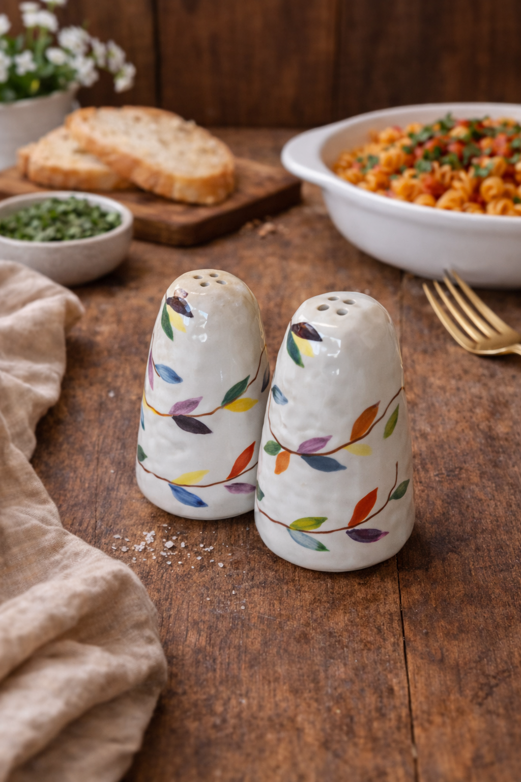 Hand Painted Stoneware Country Salt and Pepper Shakers