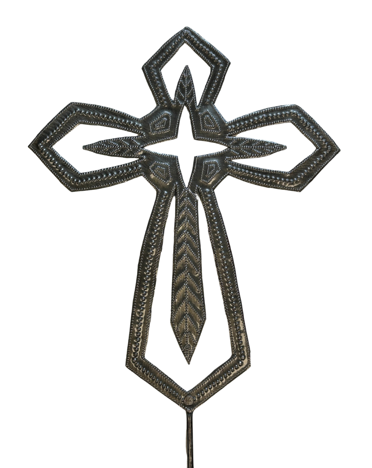 A decorative cross garden stake made from recycled steel, featuring intricate details and a central cross design.