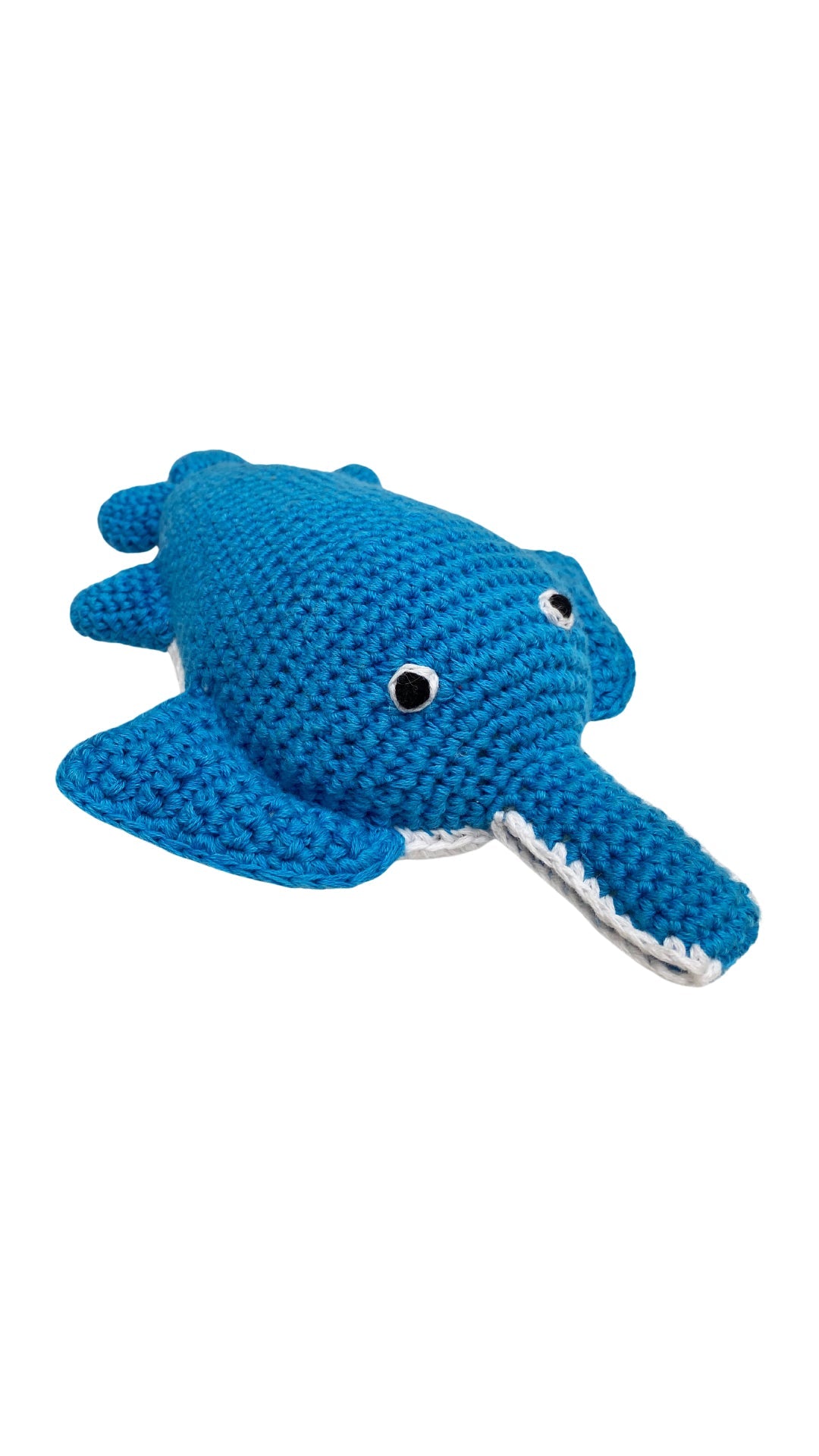 Blue and white crochet cotton sawfish plush baby toy rattle
