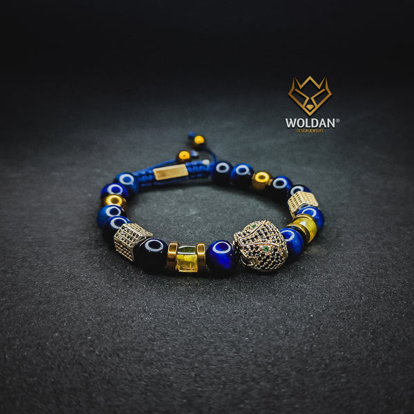 Blue Quartz and Amber Bracelet with Cobra-Themed Charm