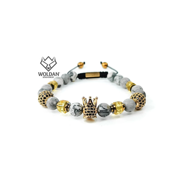 Bracelet with Gray Jasper Stone, Amber and Crown Charm