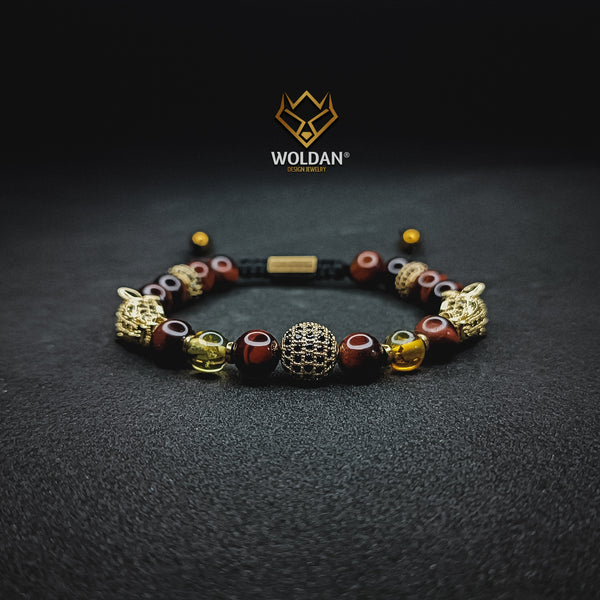 Bracelet with Burgundy Quartz and Amber with Puma-Themed Charm