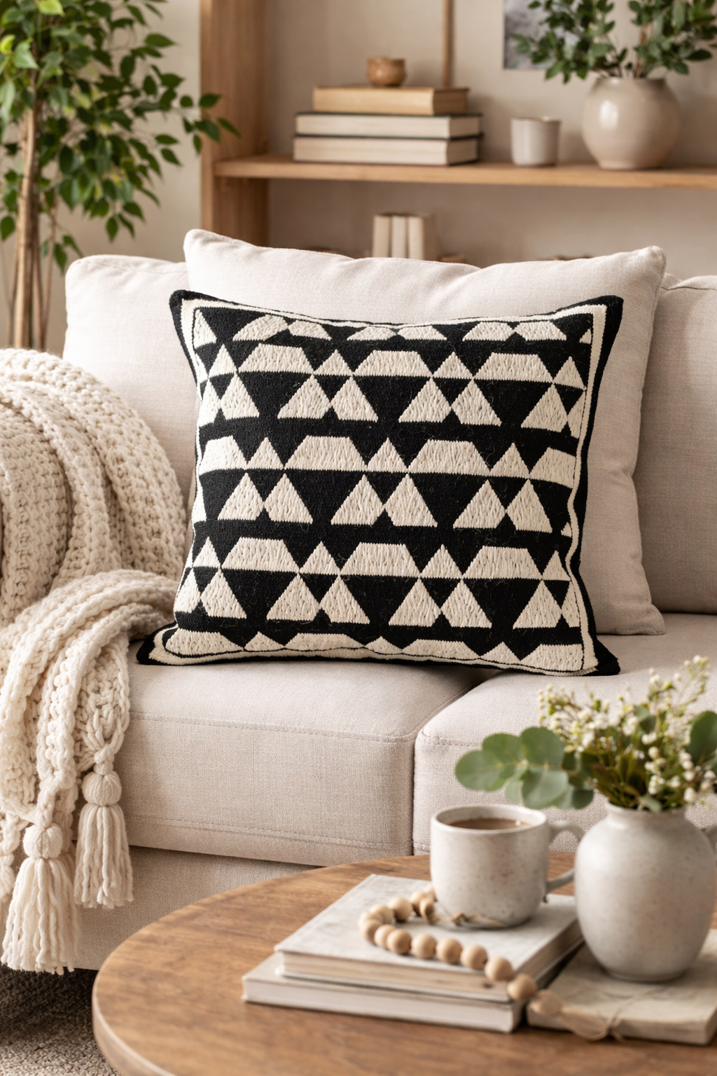 Wool Ivory Pillow Cover Hand-Woven in Ivory and Black