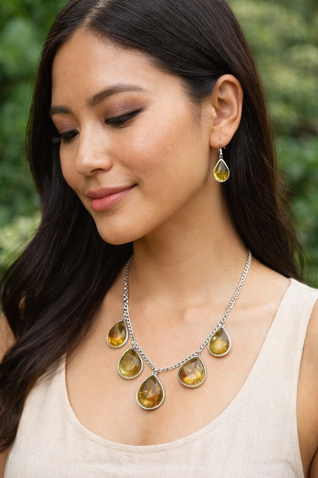 Golden Tears of the Jungle Necklace and Earrings Set in Sterling Silver and Amber from Chiapas