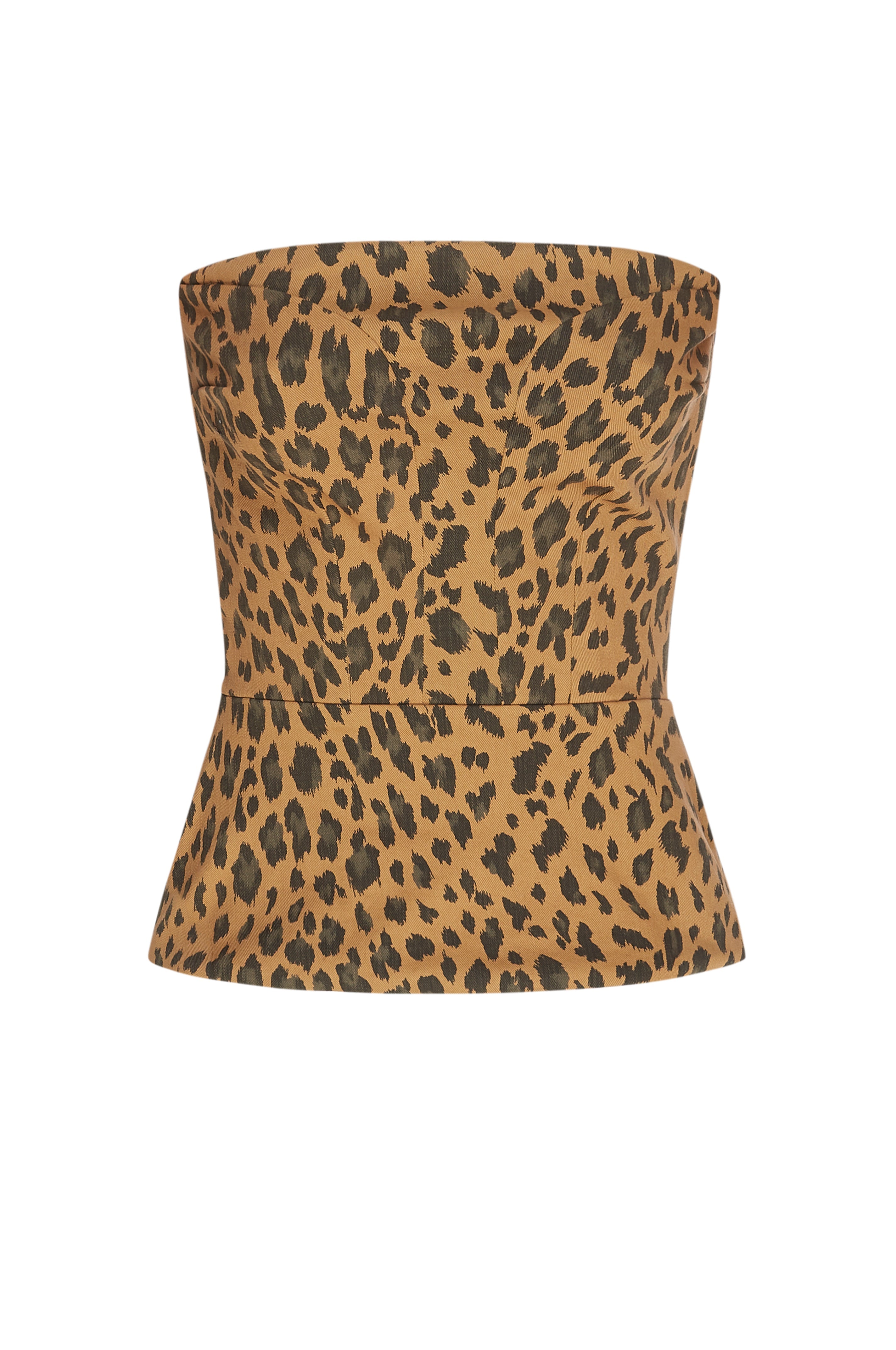 A reversible cheetah-patterned bustier top with a gold metal zip at the back, displayed on a white background.