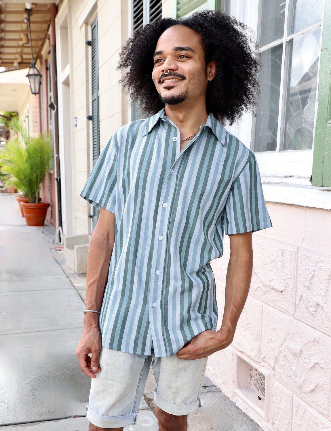 Ocean Stripes Organic Cotton Men's Button Down Shirt - Passion Lilie