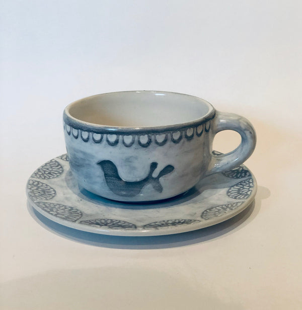 Hand Painted Stoneware Gray Coco Coffee Mug and Plate