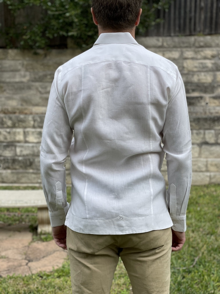 Ivory Linen Chiapas Guayabera with Moss Green Detail