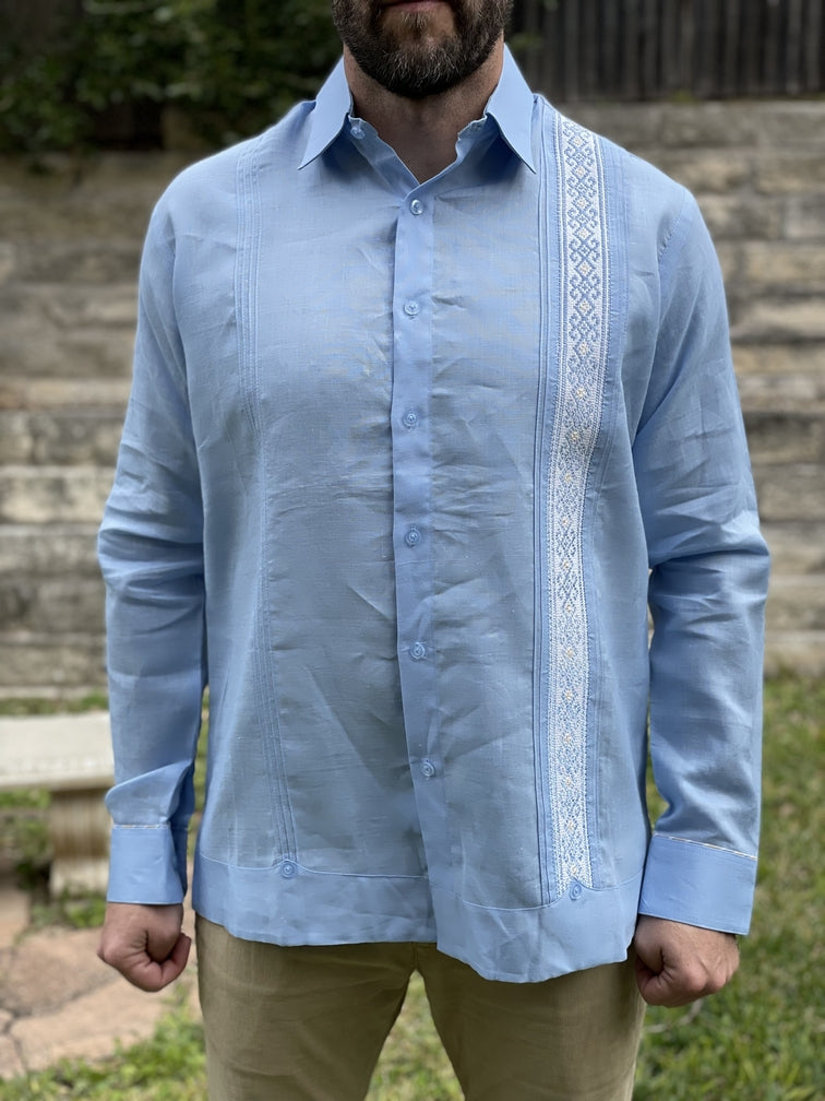 Light Blue Linen Chiapas Guayabera with Hand Embrodery
