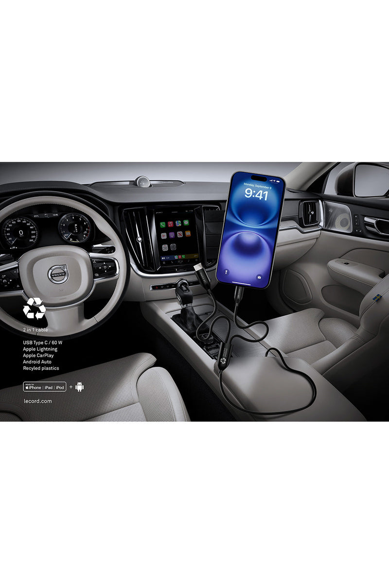 Car interior with the Le Cord multi 2 in 1 USB cable
