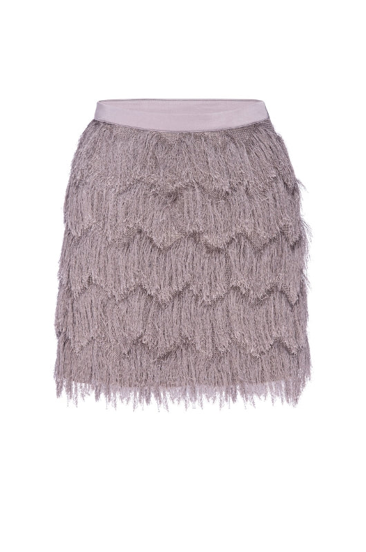 A lavender ash fringe skirt with layers of silky fringe in a soft smoky hue, displayed against a plain background.