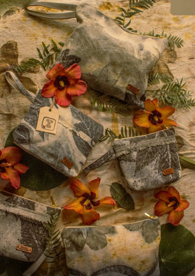 Eco Print Cotton Canvas Toiletry Bag – Botanical Print, Hand-Dyed with Leaves and Flowers