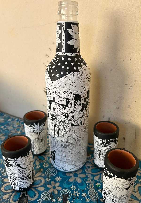 Hand-Painted Glass Bottle with Four Tequila Shot Cups
