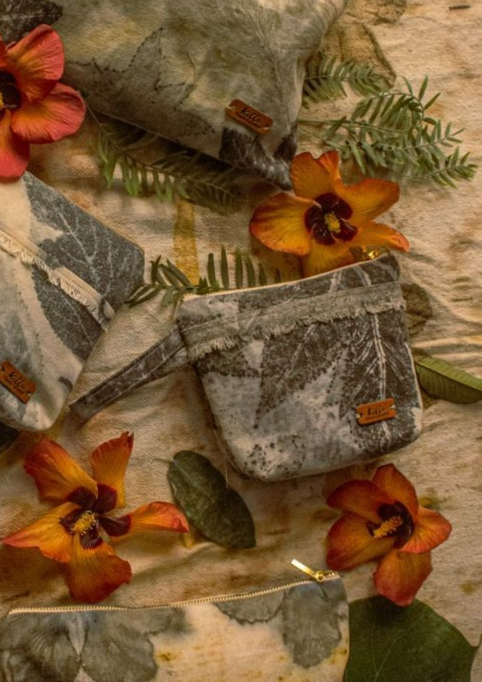 Eco Print Cotton Canvas Toiletry Bag – Botanical Print, Hand-Dyed with Leaves and Flowers