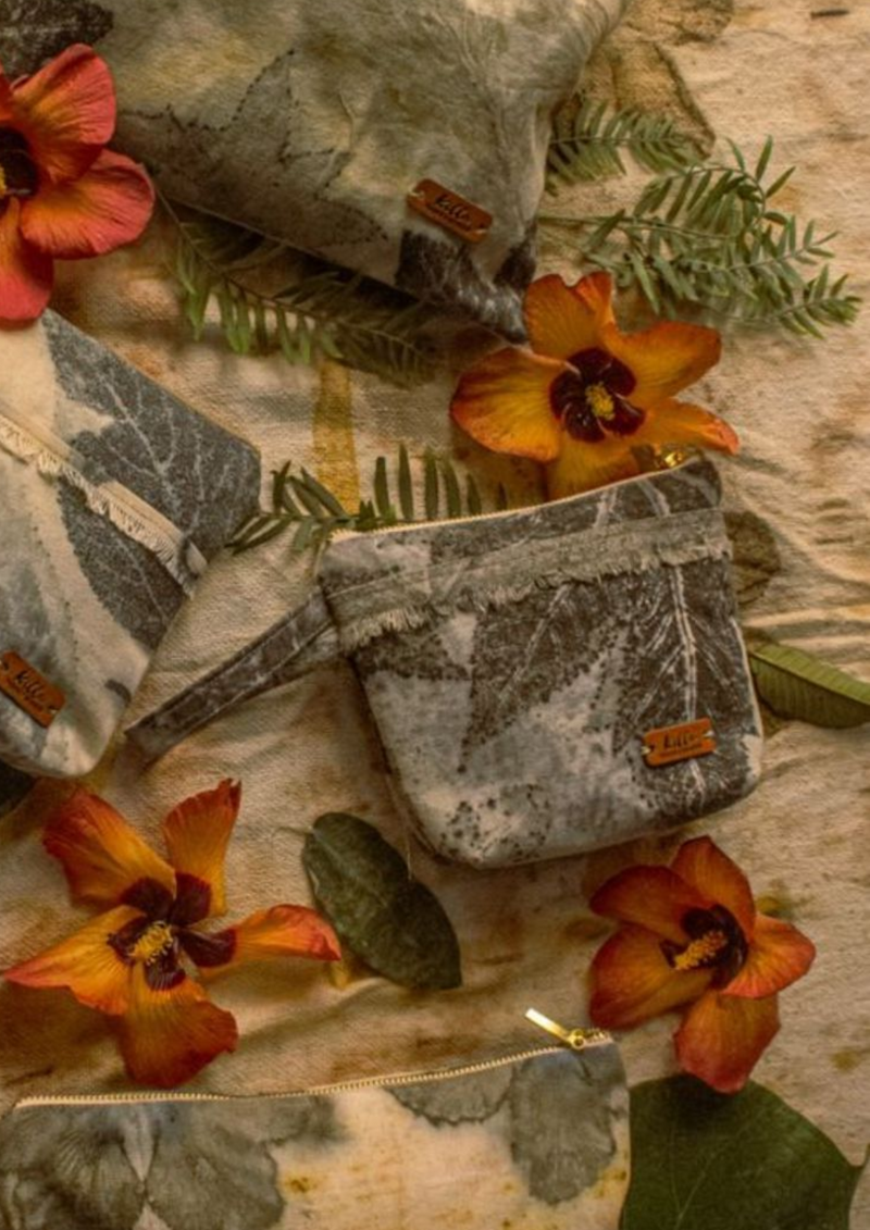 Eco Print Cotton Canvas Toiletry Bag – Botanical Print, Hand-Dyed with Leaves and Flowers