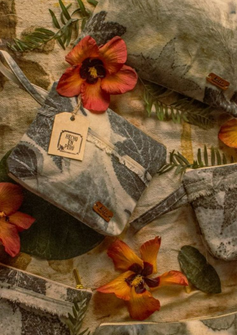 Eco Print Cotton Canvas Toiletry Bag – Botanical Print, Hand-Dyed with Leaves and Flowers