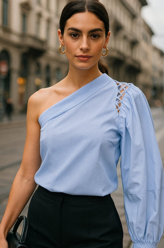 SAVANAH One-Shoulder Statement Sleeve Top