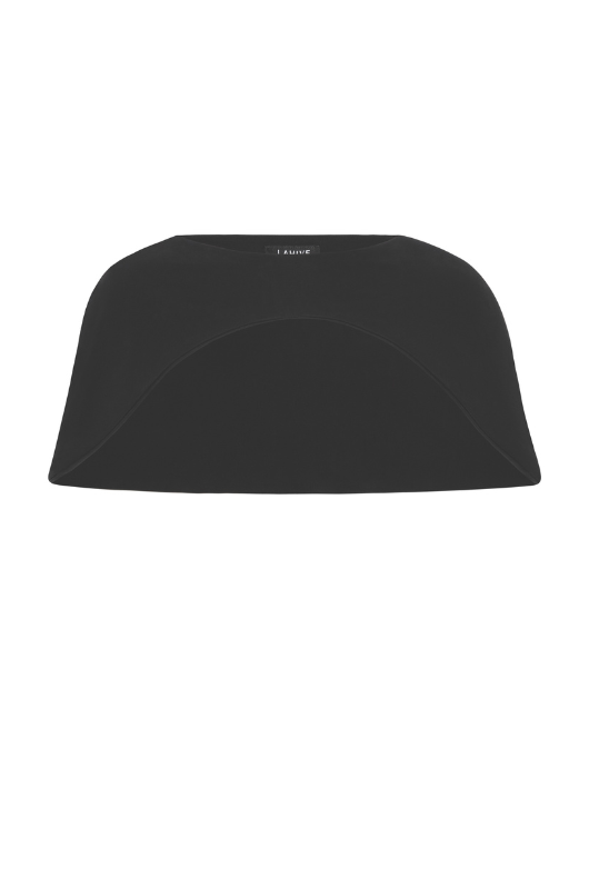 A black mini cape with a round neckline and no visible sleeves, designed to be worn over the shoulders.