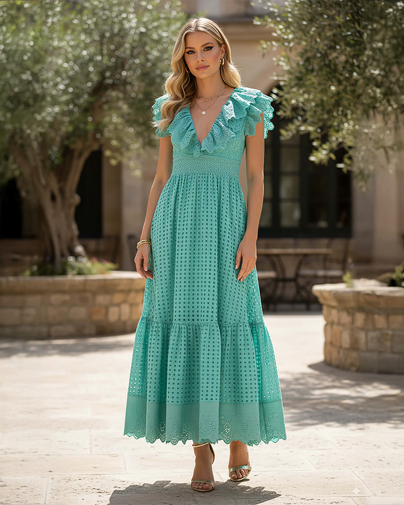 V-Neck Ruffle Midi Dress