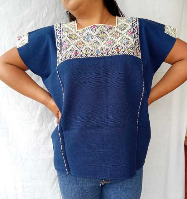 Navy Blue Huipil with Cream Brocade