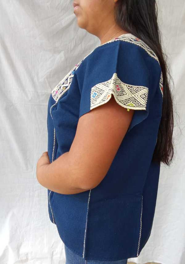 Navy Blue Huipil with Cream Brocade