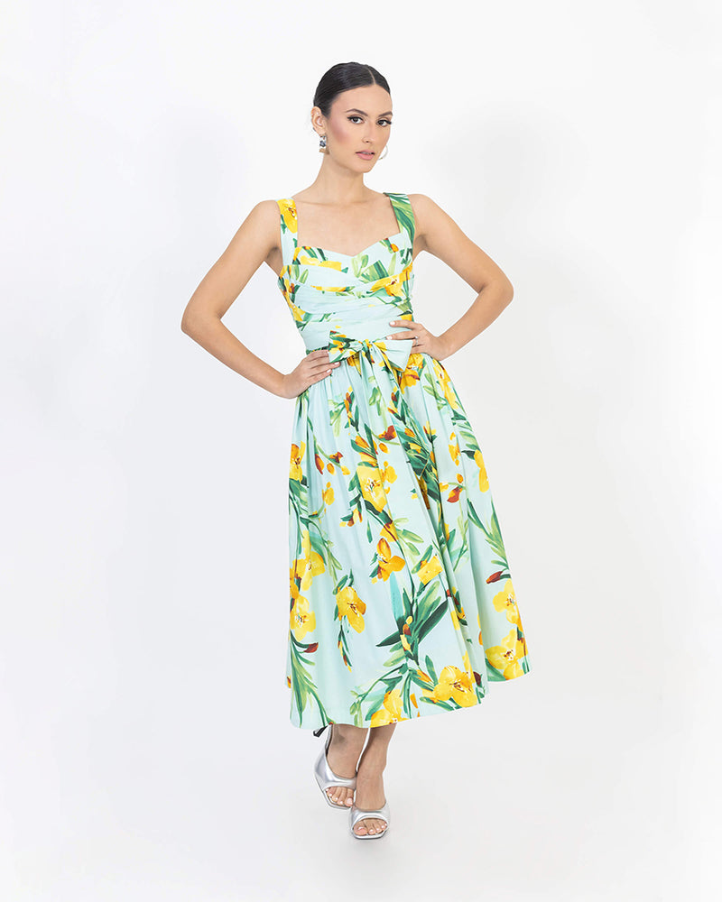 sweetheart neckline midi dress with plunging and bishop sleeves The soft floral print adds a boho Women's Scuba Sweetheart Neckline Midi