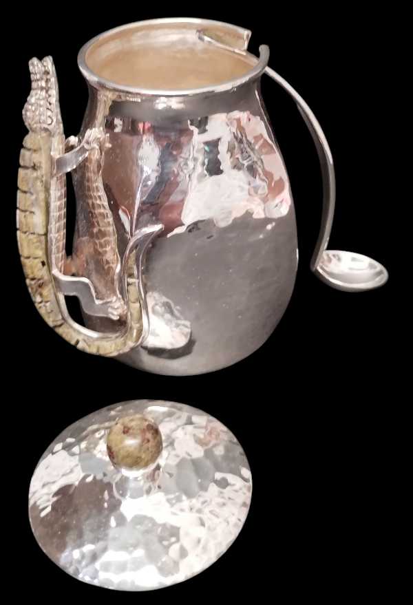 Square Sugar Bowl with Crocodile Design and Spoon