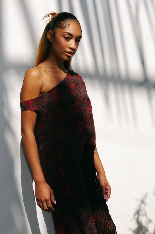 ELIZABETH Hi-Low Cold Shoulder Chocolate Blouse