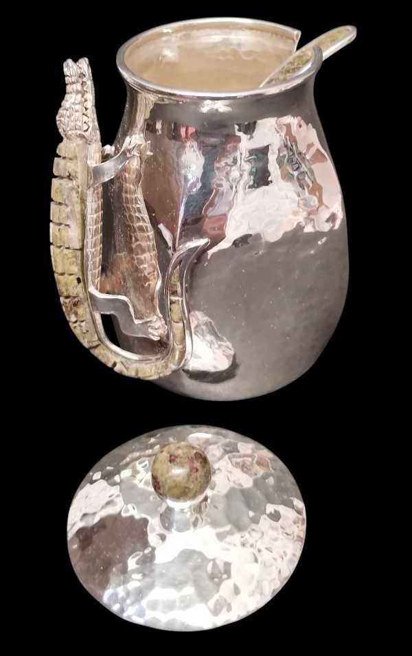 Square Sugar Bowl with Crocodile Design and Spoon