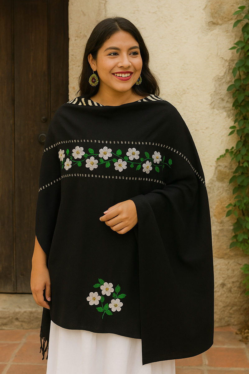 Black Embroidered Cotton Shawl