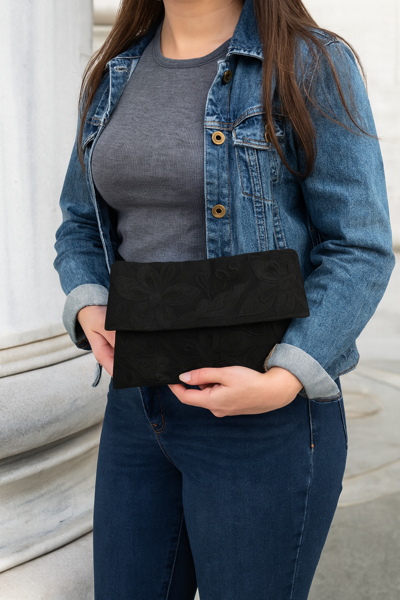 Black Embroidered Envelope Bag