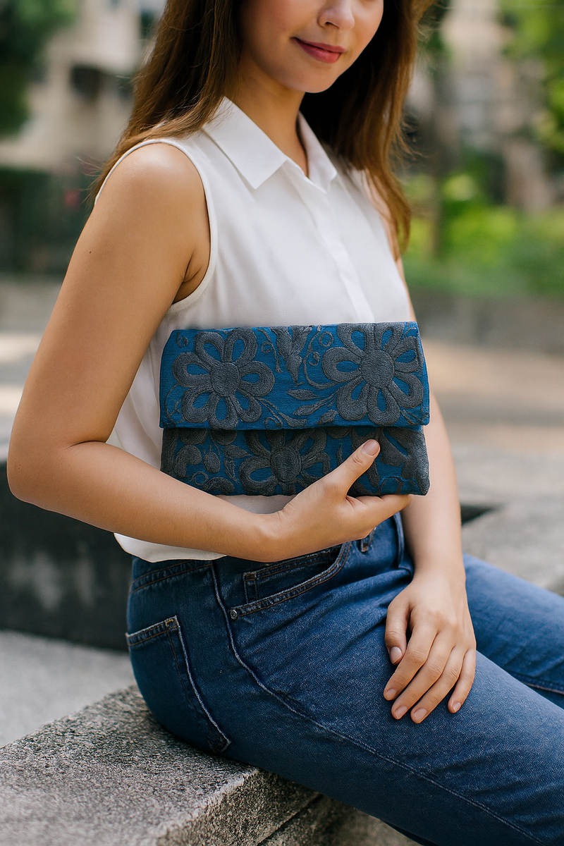 Blue Embroidered Envelope Bag