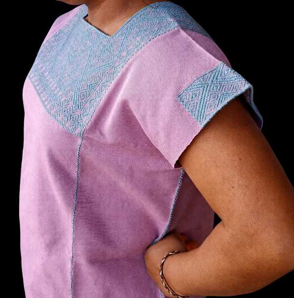 Rose Pink Square Blouse with Cement Green Brocade