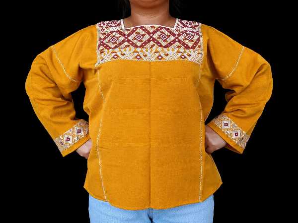 Golden Long-Sleeve Blouse with Handwoven Brocade