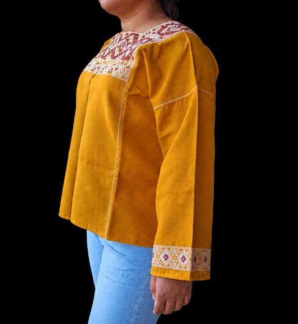 Golden Long-Sleeve Blouse with Handwoven Brocade