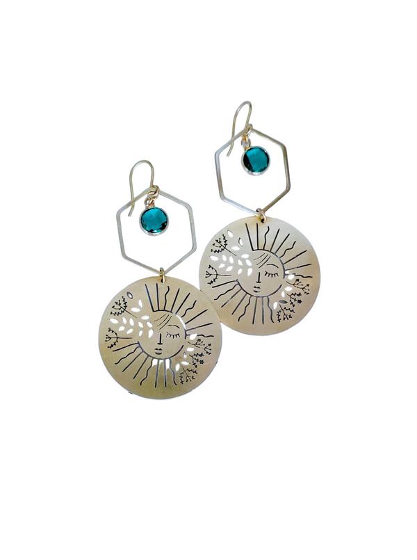 Brass Garden Sun Earrings in Sea Green