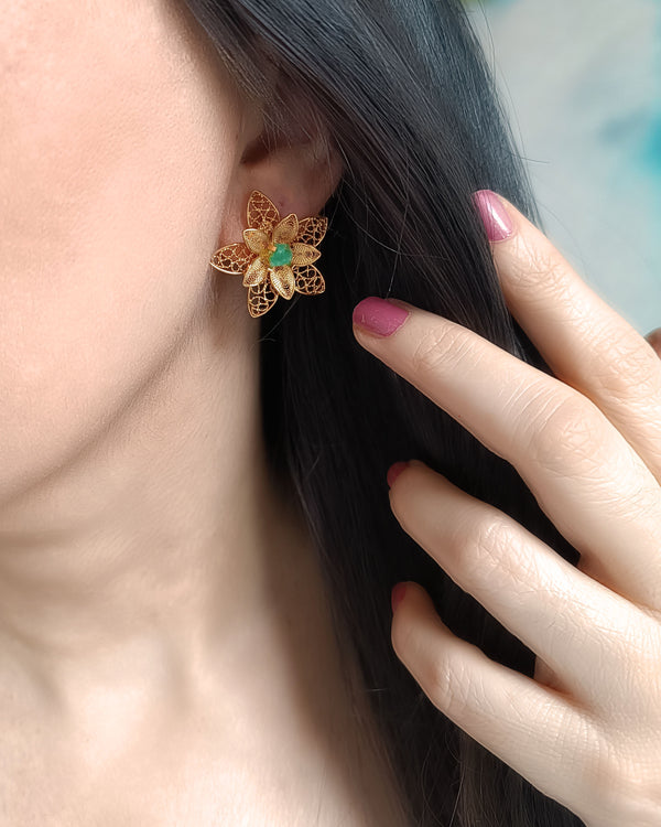 Cinthya Double Flower Filigree Esmerald Earrings