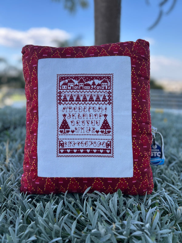 Red Christmas Village Embroidered Cushion