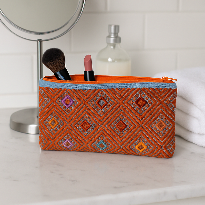 Cotton Make-up Bag - Orange/Blue