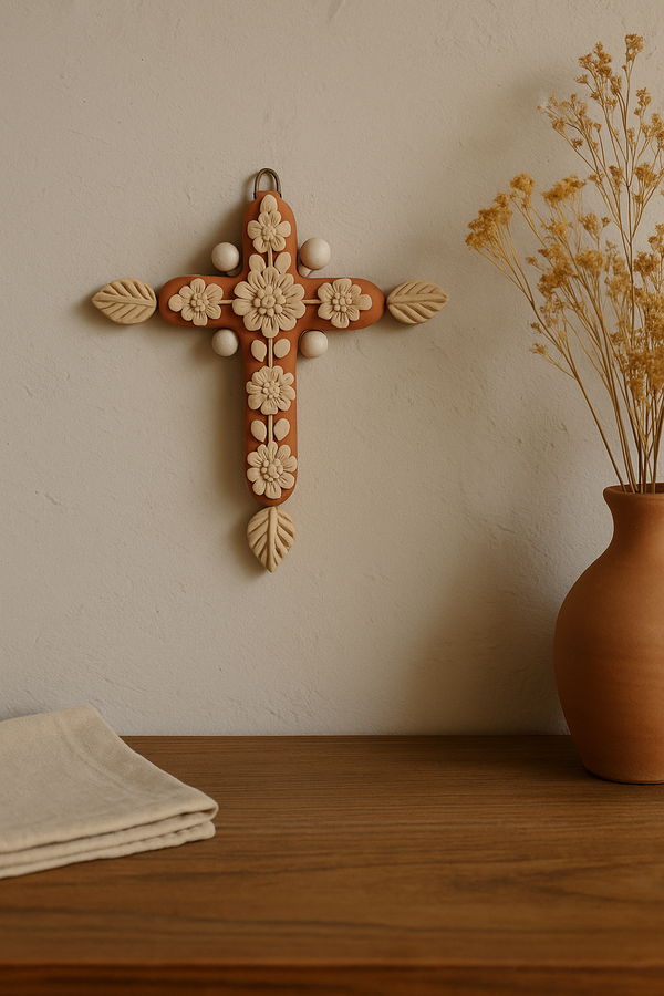 Cross with Traditional Embroidery – Natural Flowers on Red Background