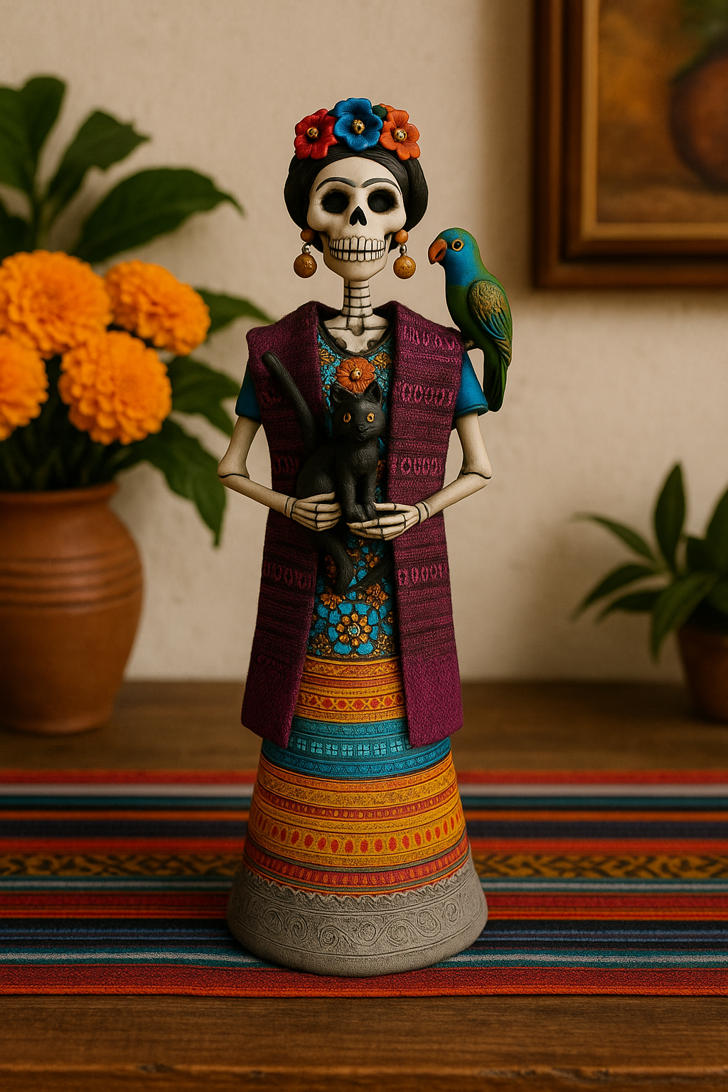 Frida with Animals – Polychrome Clay Figure