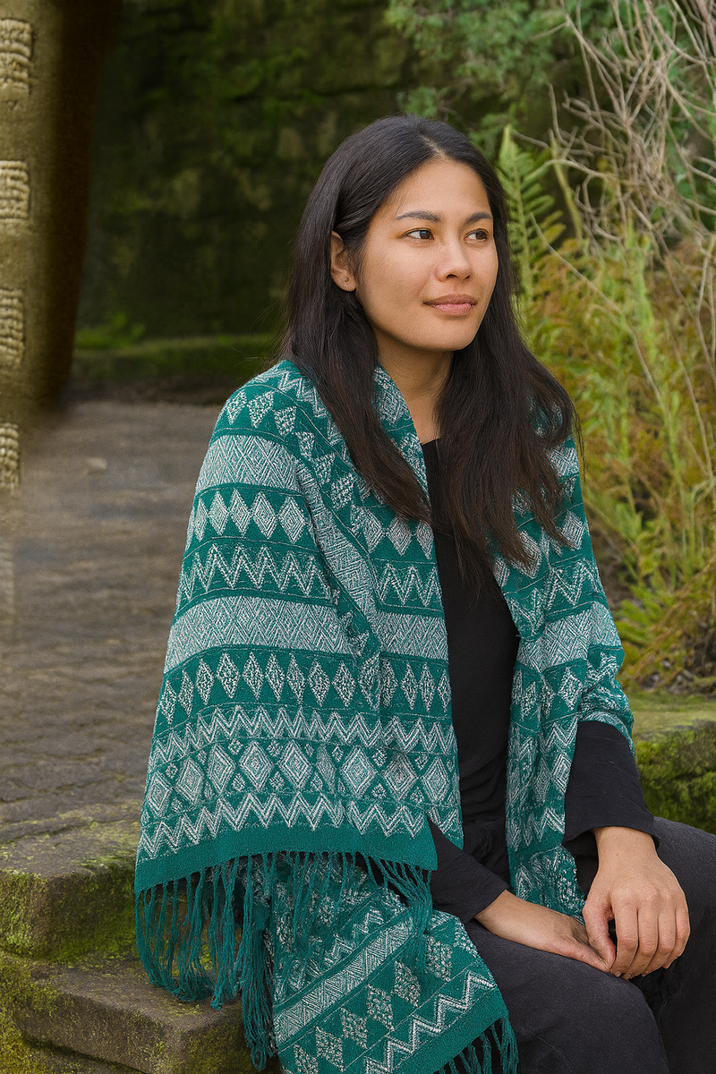 Green and White Petet Handwoven Shawl