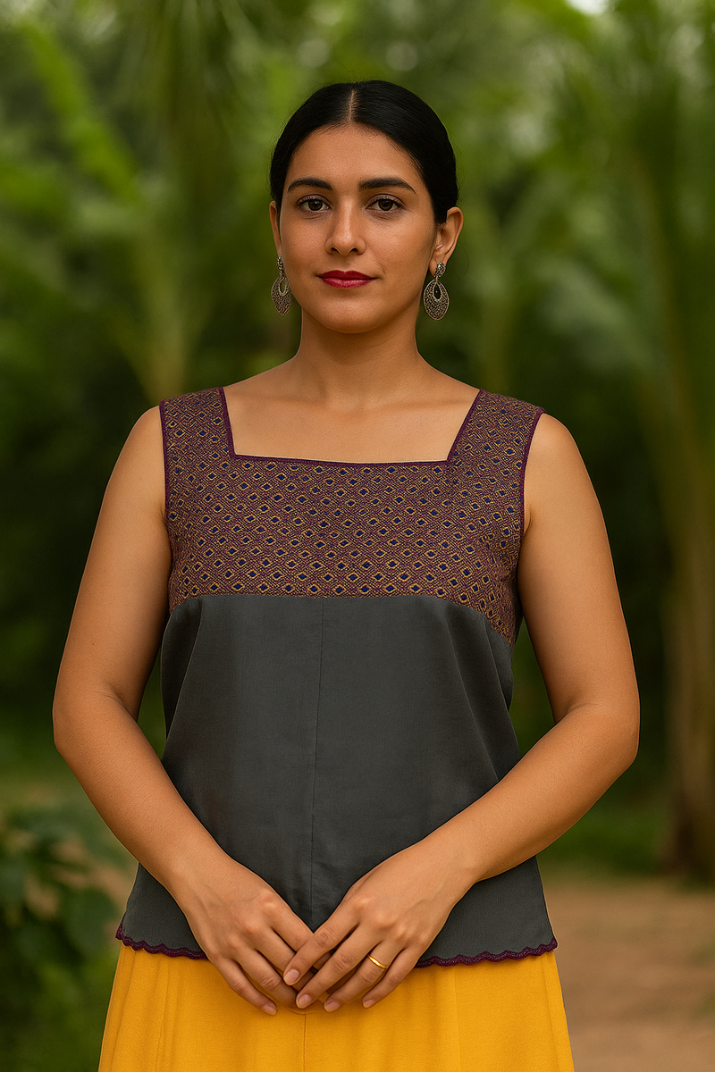 Grey Embroidered Satin Blouse