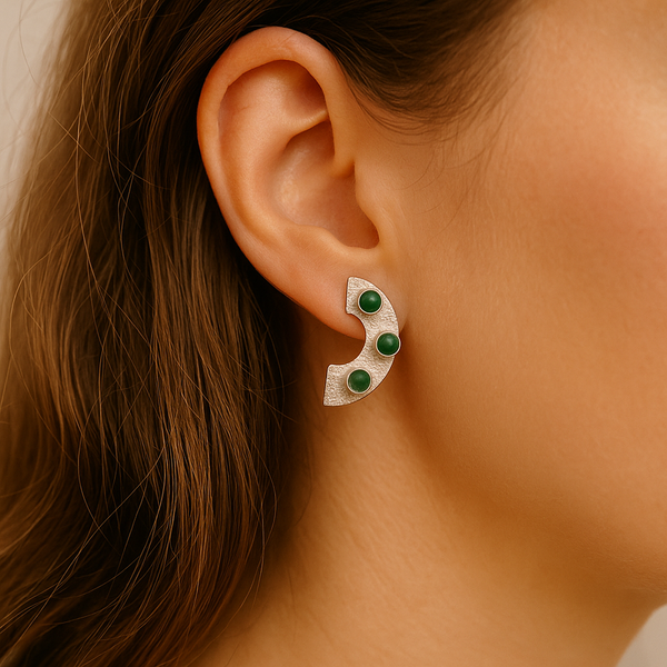 Half-Hoop Silver Earrings with Malachite Inlays
