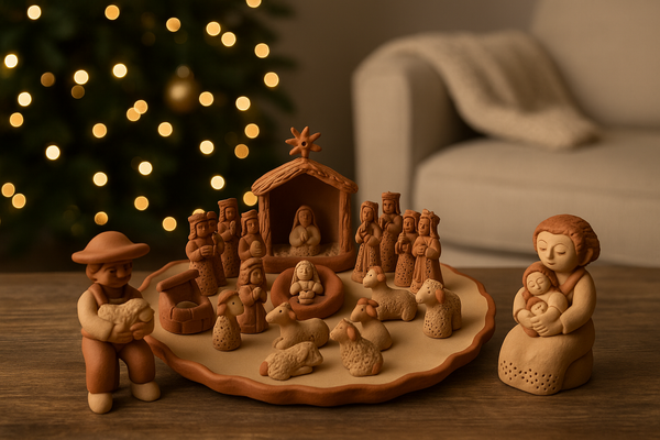 Hand-Carved Clay Nativity Scene – 20-Piece Miniature Set
