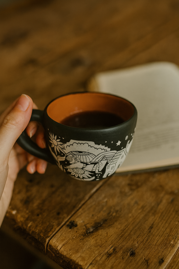 Hand-Painted Black and White Clay Coffee Mug